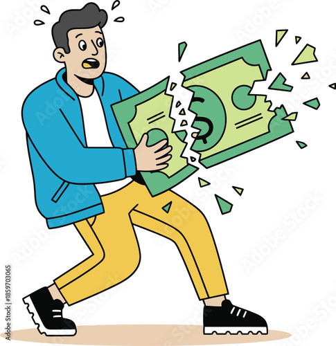 Financial Ruin: A visual representation of financial distress, a person struggling with a torn dollar bill, symbolizing economic hardship and monetary loss.
