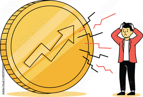 Economic Turmoil: An illustrated scene of financial crisis, a golden coin bearing an upward trend arrow, accompanied by a figure in dismay.