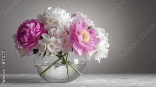 Wallpaper Mural Pink and white peonies bloom in a clear glass vase. Torontodigital.ca
