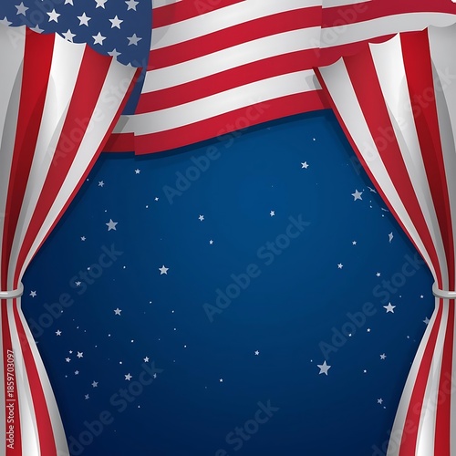 American flag curtains opening to starry night sky background