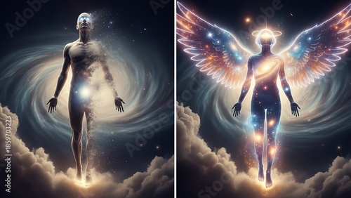 Conceptual depiction of transformation and spiritual awakening in ethereal space