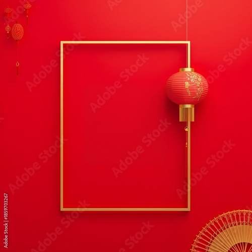 New Year Decoration With Red Frame and Lantern in a Bright Setting Near a Fan