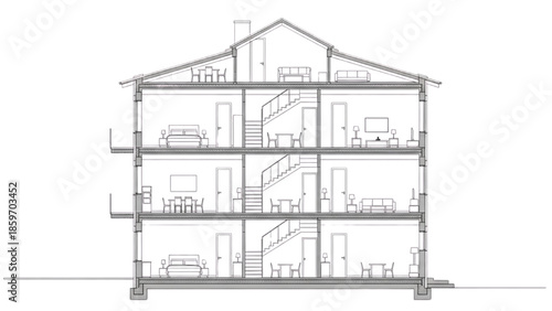 Architectural Cross-Section of a Multi-Story Building Showing Interior Layout