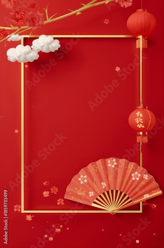 Red Frame With Fan and Lantern on Wall With Flowers and Clouds for Festive De...