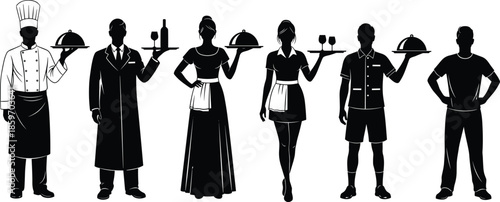 Professional Silhouette Set of Restaurant Staff Including Chef Waiter and Waitress Carrying Food Trays and Drinks for Hospitality Industry Vector