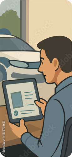 Man using a digital tablet near a car, modern flat illustration representing vehicle inspection, car service, insurance, or automotive technology.