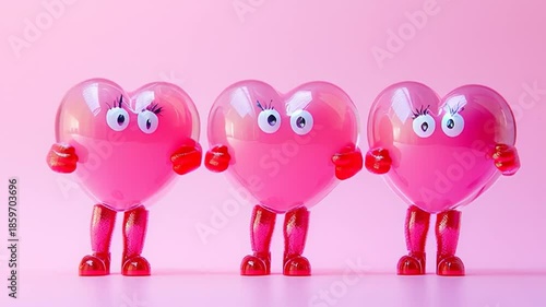 An AI-generated video of a happy red heart dancing, with the whole group celebrating together, surrounded by sparkling hearts and festive magic.