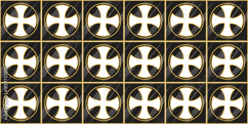 Repeating pattern of white Celtic crosses in gold circular frames