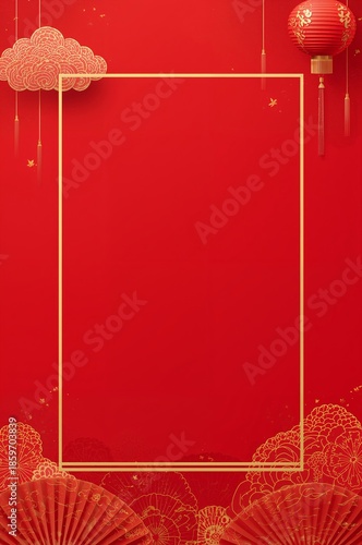 Red Background With Lanterns, Clouds, and Decorative Elements for Celebration
