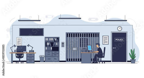 Inside view of a police station featuring an officer at a desk, a barred holding cell, and various office furniture in a blue color tone.