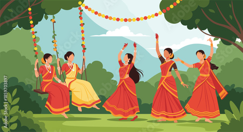 Group of Indian women in bright traditional sarees celebrating together by dancing and playing on flower decorated swings in a lush park.