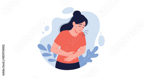 Young woman suffers from severe stomach pain and discomfort while holding her abdomen against a stylized floral blue background.
