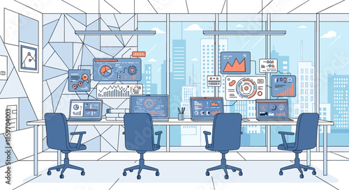 Futuristic data control center features multiple monitors displaying complex charts, graphs, and analytics in a modern office with a city view.