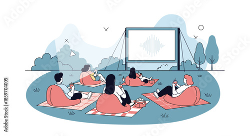 Group of friends enjoys a movie night at an outdoor cinema sitting on bean bags in a park during a pleasant evening.