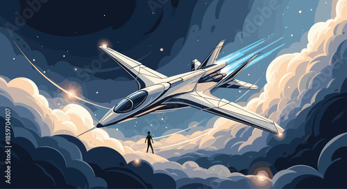 Sleek futuristic jet aircraft soars through dramatic clouds at sunset while a tiny silhouette of a person looks up from below.