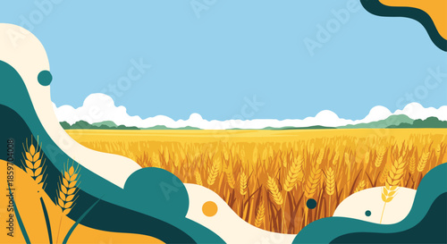 Expansive golden wheat field under a clear blue sky represents a bountiful harvest and the beauty of rural agricultural landscapes.
