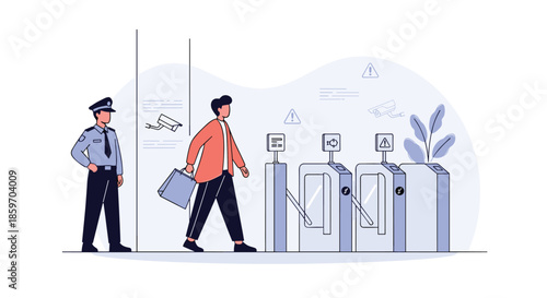 Security guard monitors a passenger passing through electronic gates at a modern transit station or building entrance for safety.