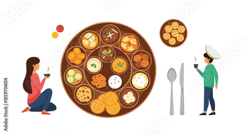 Traditional Indian Thali meal is presented with a large variety of small bowls containing different dishes, flatbreads, and sweets.