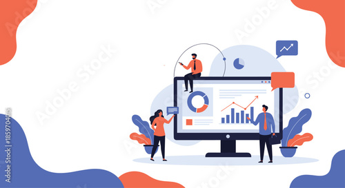 Business professionals analyze data and statistics on a large computer screen to develop corporate growth strategies and insights.