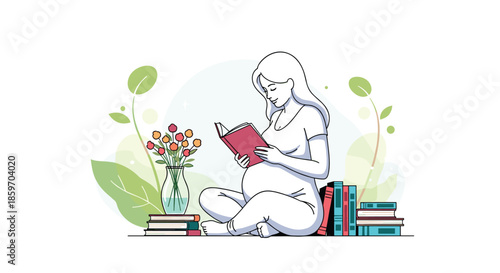 Pregnant woman sits peacefully on the floor surrounded by books and flowers while reading to her unborn baby for early bonding.