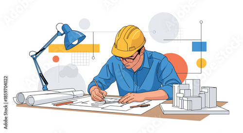 Professional architect wears a safety helmet while meticulously drawing building plans at a desk with rolls of blueprints and models.