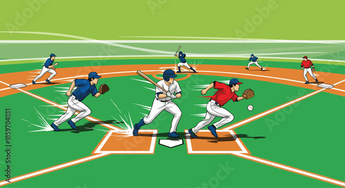 Exciting baseball game action features players running, batting, and pitching on a green field during a competitive match.