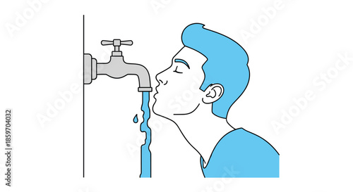 Young man drinks fresh water directly from a metal tap to emphasize the importance of hydration and clean public water access.