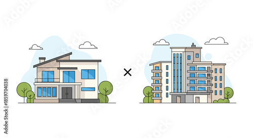 Comparison between a modern two-story private house and a multi-unit apartment building highlights different urban living options.