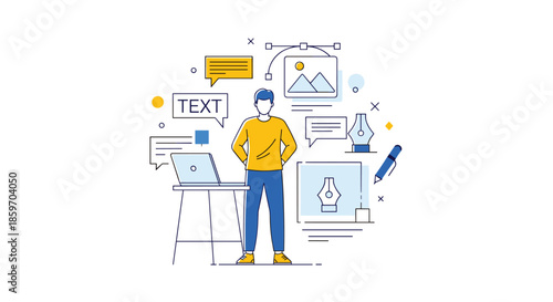 Creative graphic designer stands at his desk surrounded by floating icons of text, images, pens, and design tools to represent his craft.