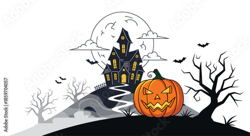 Spooky haunted mansion stands on a hill under a full moon with jack-o-lanterns, bats, and dead trees for Halloween night.