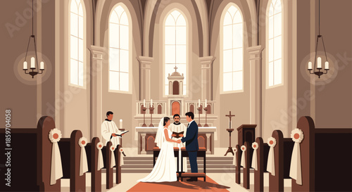 Beautiful church wedding ceremony shows a bride and groom standing at the altar before a priest in a grand cathedral setting.