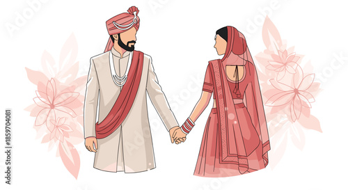 Elegant Indian bride and groom hold hands in their traditional wedding attire against a soft floral pink background.