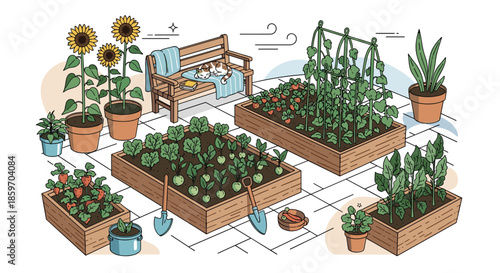 Lush rooftop garden features wooden planter boxes full of vegetables, sunflowers in pots, and a cozy bench with a sleeping cat.