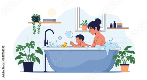 Smiling mother enjoys a joyful moment while bathing her playful baby in a modern bathroom filled with bubbles and plants.
