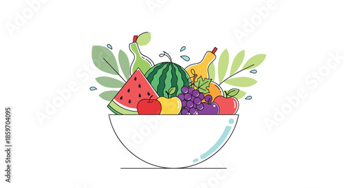 Healthy variety of fresh fruits including watermelon, apples, grapes, and pears are beautifully arranged in a white ceramic bowl.
