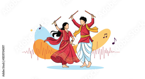 Man and woman in vibrant traditional attire perform the Dandiya dance with sticks during a festive Indian cultural event.