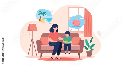 Mother sits on a sofa with her young son to talk about saving money for a future beach vacation using a piggy bank.