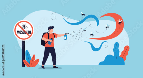 Man using a spray bottle to repel mosquitoes in an outdoor environment near a warning sign to prevent insect-borne diseases.