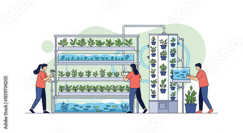 Team of researchers and workers managing a high tech vertical farm and aquaponics system with growing plants and fish tanks in a smart facility.