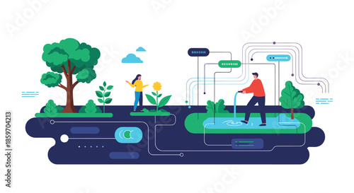 Man and woman interacting with a digitized natural environment featuring trees and water represented by electronic circuit patterns.
