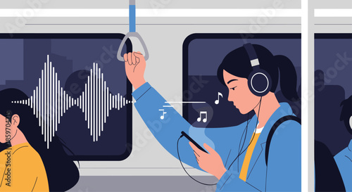 Young woman wearing headphones and listening to music on her smartphone while traveling on a public transport train or subway.