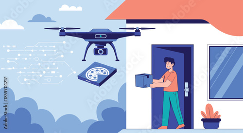 Modern delivery drone carrying a pizza box to a customer standing at the door of a house representing future logistics technology.