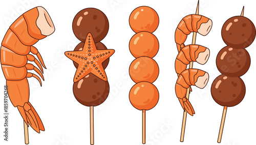 Seafood and snack skewer vector set featuring grilled shrimp prawns meatballs and fish cakes on wooden sticks isolated on white.
