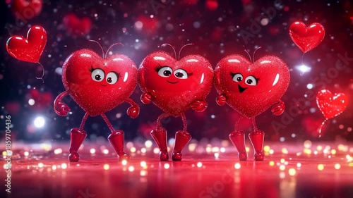 An AI-generated video of a happy red heart dancing, with the whole group celebrating together, surrounded by sparkling hearts and festive magic.
