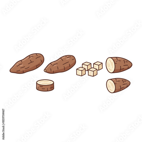 Nutritious cassava root depicted in various forms, showcasing whole tubers alongside peeled, sliced, and diced pieces, ideal for culinary uses and healthy meal preparations