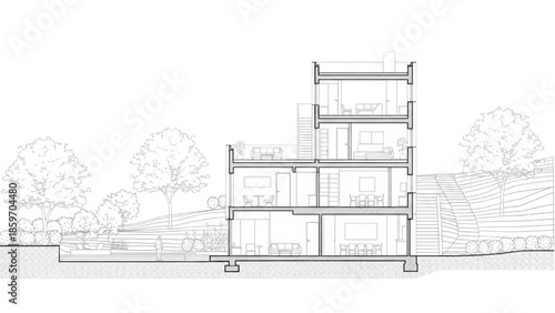 Architectural cross-section of a multi-story building with surrounding landscape
