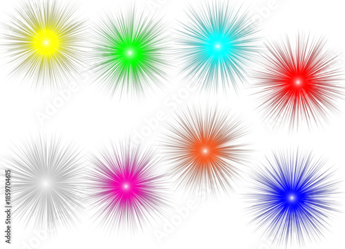 Colorful abstract starbursts and radial designs on a white background