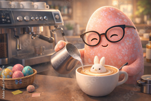 Cute 3D illustration of a cheerful Easter egg barista pouring milk to create bunny shaped latte art foam in a warm cozy coffee shop