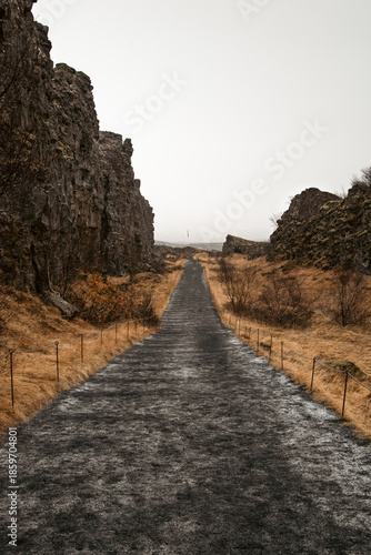Dramatic vertical view of the Almannagja fault line path in Thingvellir National Park, Iceland.
