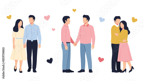 Several couples expressing love and affection with colorful hearts.